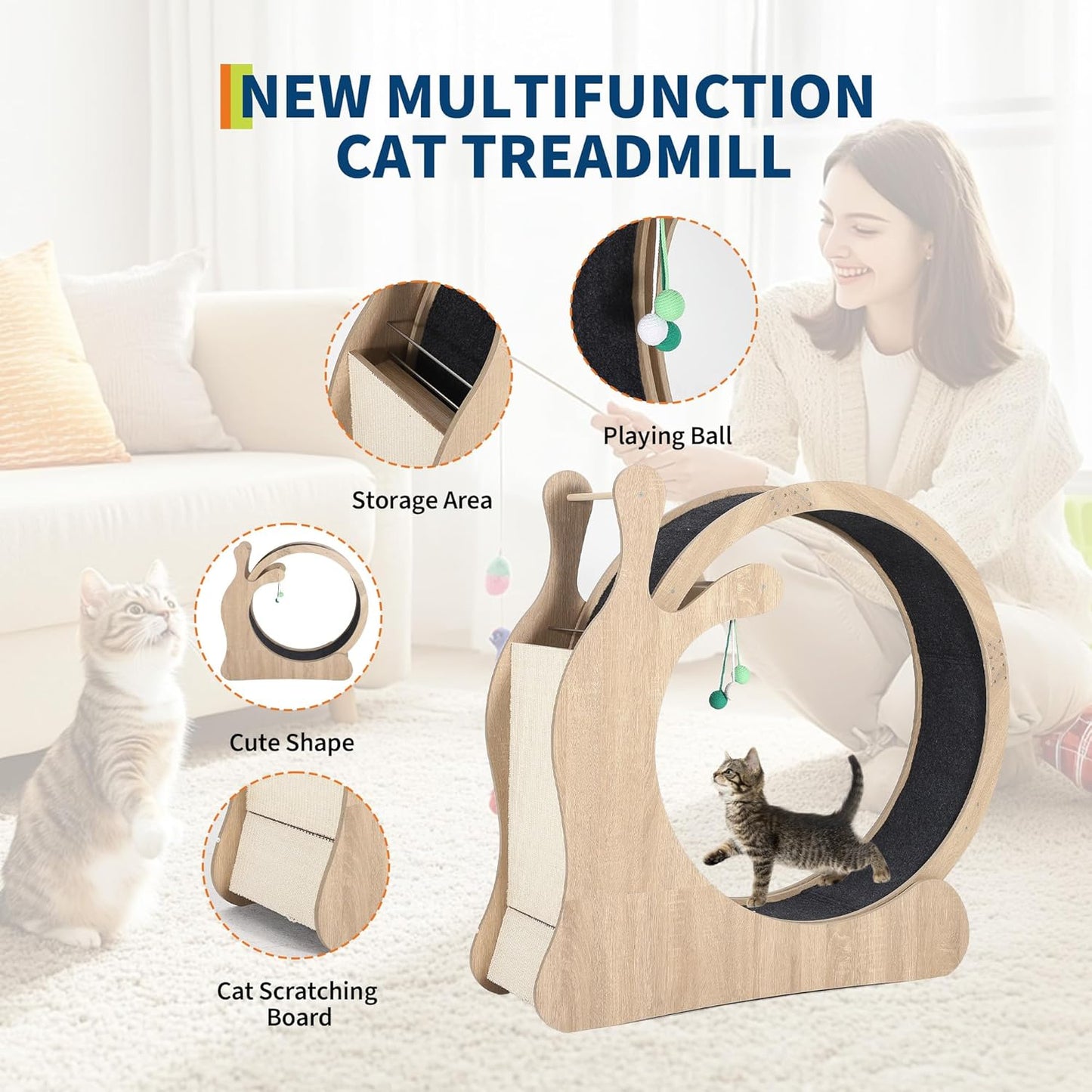 Cat Wheel Exerciser for Indoor Cats, 41'' Large 3-In-1 Cat Treadmill with Scratching Board and Play Balls, Quiet Cats Running Wheel for Kitty Fitness Wood Color