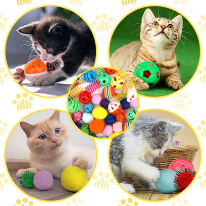 Kitten Toys, 60PCS Cat Balls Springs Toy Set, Cat Mouse Toy, Kitten Sparkle Crinkle Balls Furry Soft Pom Pom