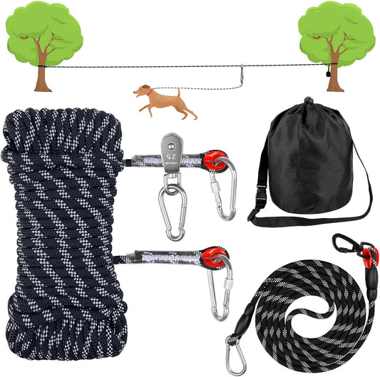 Dog Camping Essentials,Tie Out Cable for Camping,50Ft Portable Overhead Trolley System with 10Ft Runner Lead for Dogs up to 200Lbs,Portable Reflective Dog Lead Line for Yard, Park and Outdoor (Black)