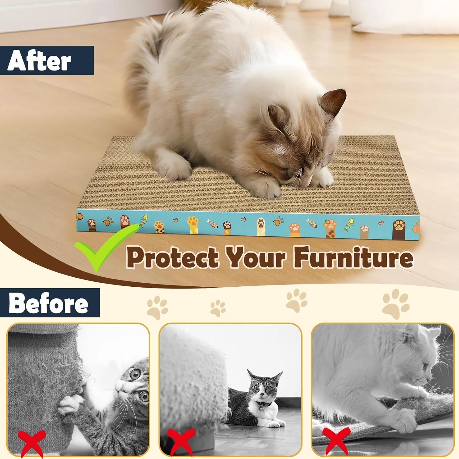 Cardboard Cat Scratcher 3 Pack Refill Reversible Cat Scratching Pad Durable Cat Scratchers for Indoor Cats Kitten to Protect the Furniture (Cat Paws)