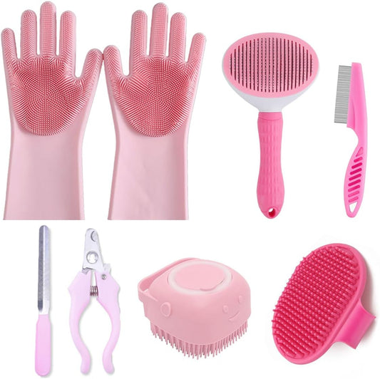 8PCS Dog Bath Supplies Set，Dog Washing Gloves，Shampoo Brush, Shedding Slicker Brush，Complete Pet Grooming Kit for Dog&Cat and Small Animal Grooming(8Pcs-Bath-Pink)