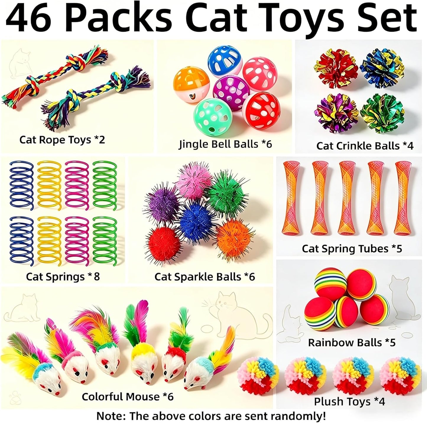 46 PCS Cat Toys for Indoor Cats, Kitten Toys with Cat Spring Toy, Mint Catnip with Crinkle Mouse Ball for Indoor Cats Kittens Exercise