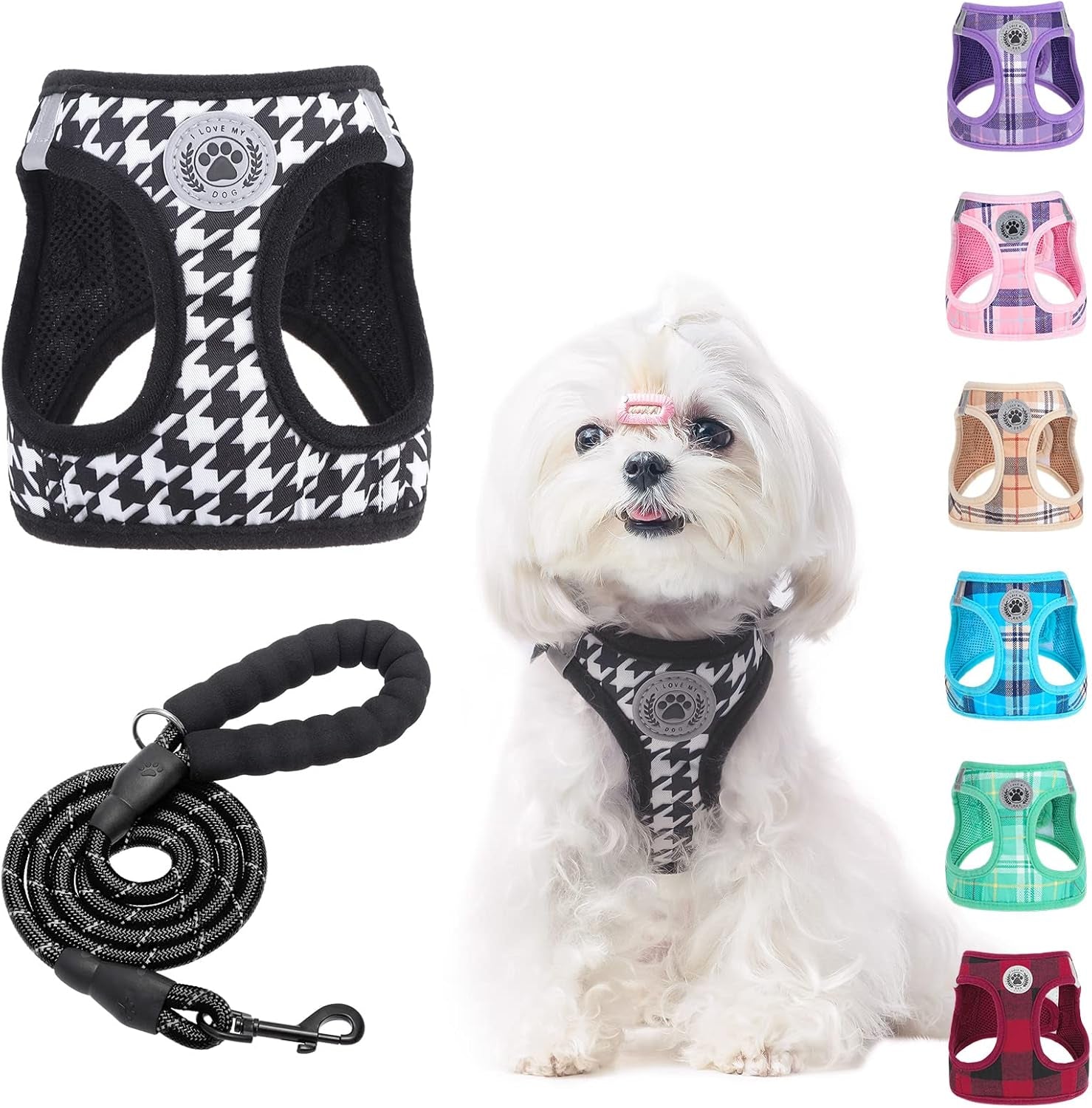 Small Dog Harness and Leash Set,Step in No Choke No Pull Soft Mesh Dog Harnesses Reflective for Extra-Small/Small Medium Puppy Dogs and Cats, Plaid Dog Vest Harness for XS S Pets, Black XXS