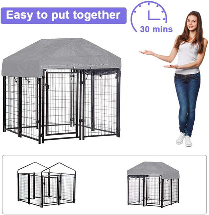 4'X4'X4.3' Ft Heavy Duty Outdoor Dog Kennel with Waterproof Roof, Galvanized Steel Large Dog Run Cage for Medium & Large Dogs, Secure Lock for Backyard