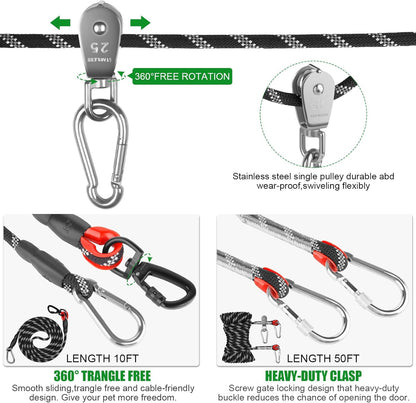 Dog Camping Essentials,Tie Out Cable for Camping,50Ft Portable Overhead Trolley System with 10Ft Runner Lead for Dogs up to 200Lbs,Portable Reflective Dog Lead Line for Yard, Park and Outdoor (Black)