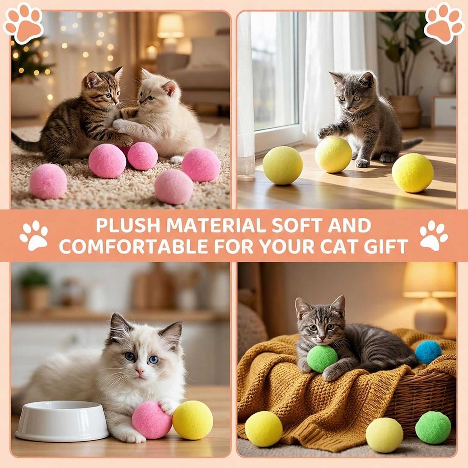 30 Pcs Cat Pom Pom Balls,1.2 Inch Soft Cats Puff Ball Toys with 12 Fabric Cat Springs Fuzzy Balls for Cats Playing Exercising,Assorted Colors