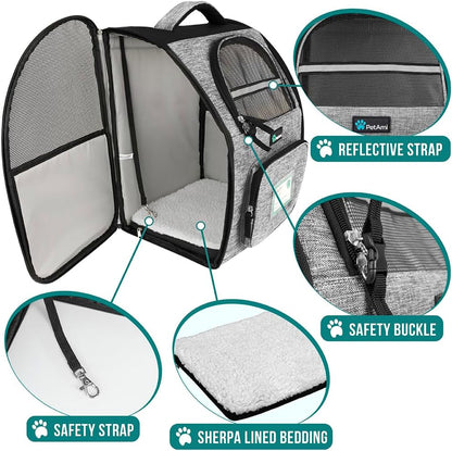Dog Backpack Carrier for Small Medium Dogs Large Cats up to 18 Lbs, 2 Side Entry, Structured No-Collapse Frame, Airline Approved Ventilated Pet Backpack for Hiking Camping Travel, Grey