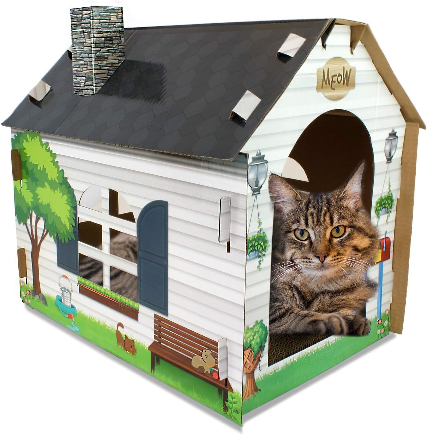 Cardboard Cat House Hideaway Playhouse with Cat Scratcher Scratching Pad 19" L X 13" W X 17" H