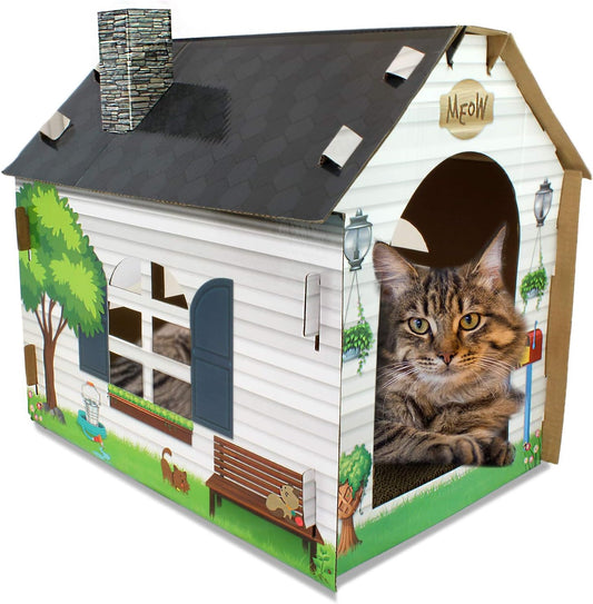 Cardboard Cat House Hideaway Playhouse with Cat Scratcher Scratching Pad 19" L X 13" W X 17" H