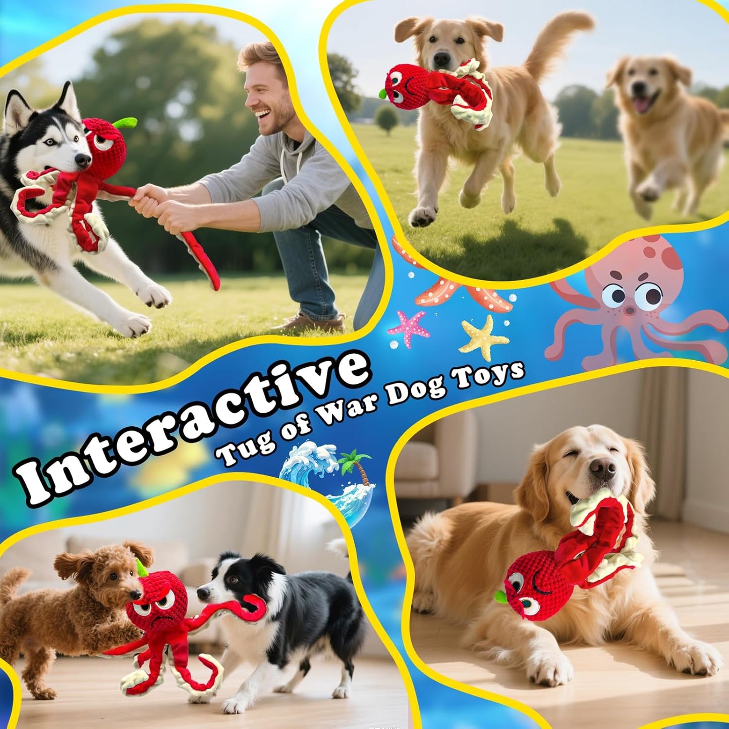 Squeaky Dog Toys Octopus -Plush Stuffed Dog Chew Toys with Soft Fabric for Small Medium and Large Dogs,Interactive Tug of War Puppy Toys to Keep Them Busy