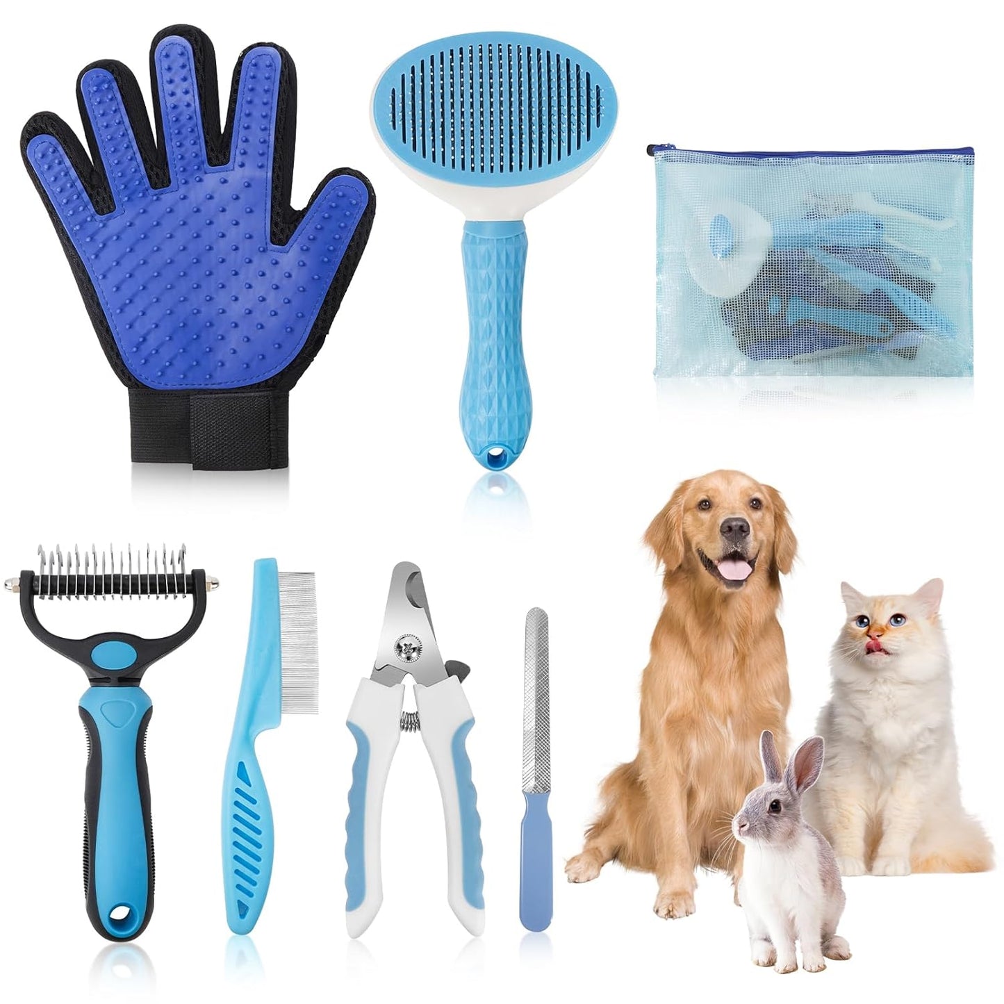 7-In-1 Pet Grooming Kit–Cat Brush,Dog Brush for Shedding,Double-Sided Flea Comb,Dog Nail Trimmers,Dog Bath Supplies–For All Cat and Small/Large Dog Shedding（Blue