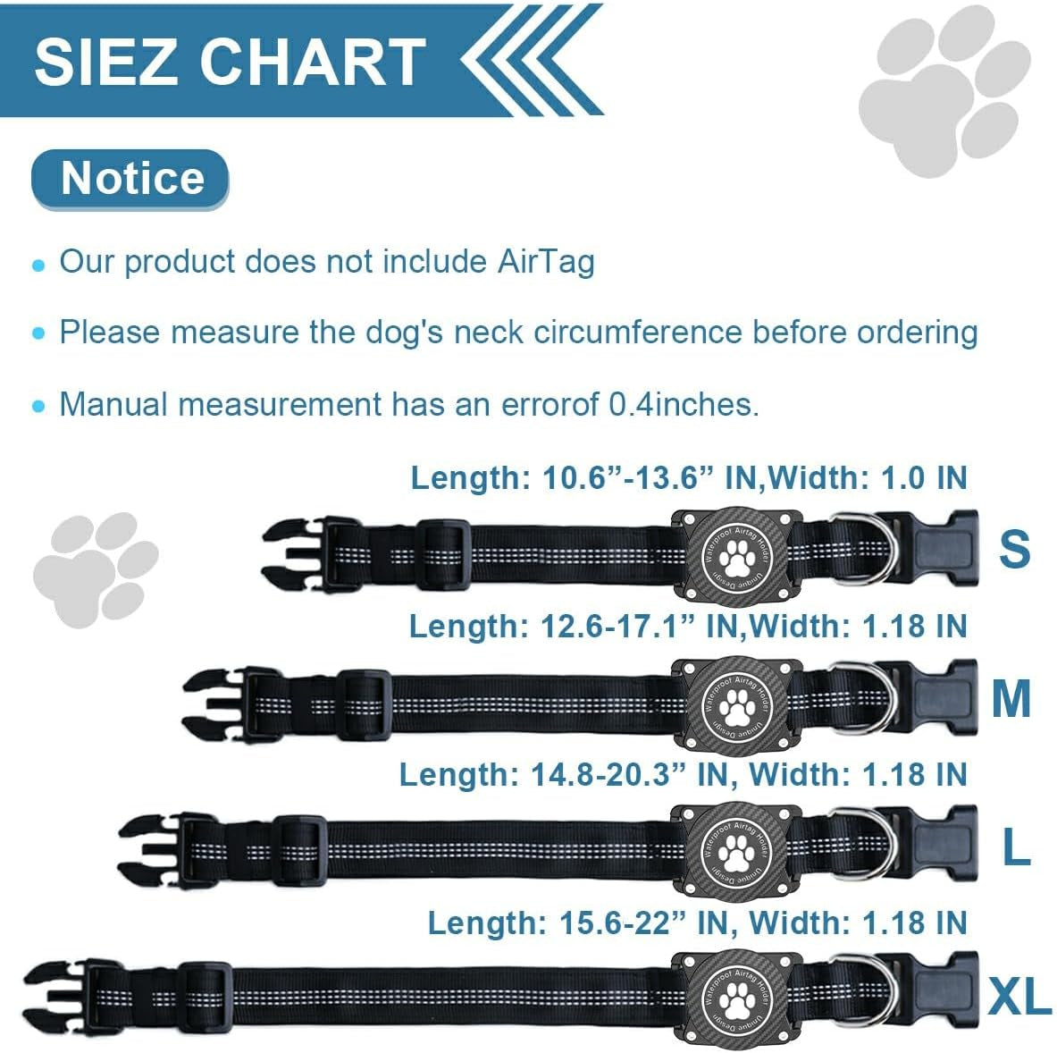 Airtag Dog Collar, Waterproof Air Tag Holder Dog Collar, Luminous & Reflective, Comfortable Padded, Adjustable Pet Collar for Small Medium Large Heavy Duty Dogs,Black, S