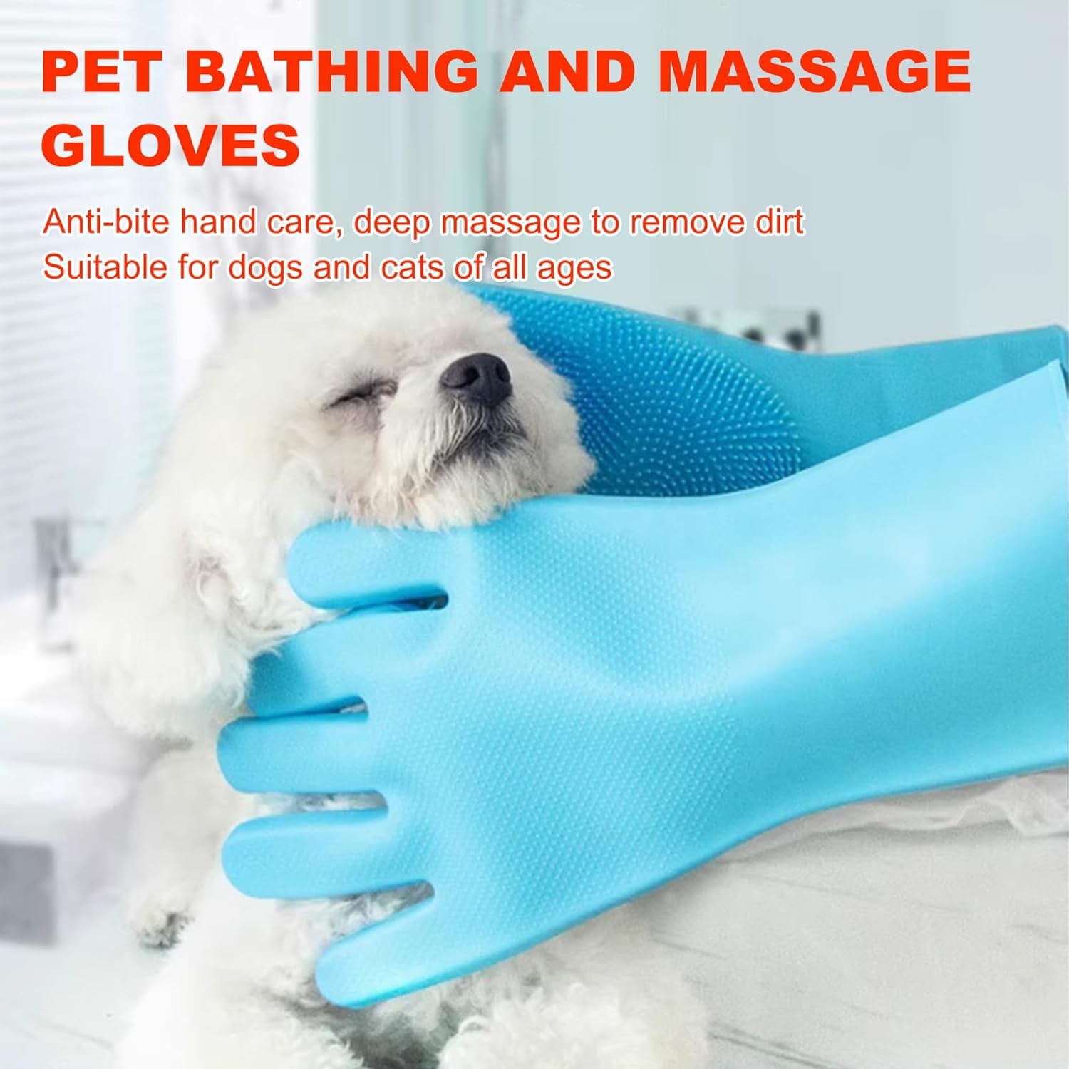 Pet Grooming Gloves, Heat Resistant Silicone Gloves，Silicone Hair Removal Mitt for Dogs and Cats,Cat Bathing Gloves ，Cat and Dog Massage Products， Blue。