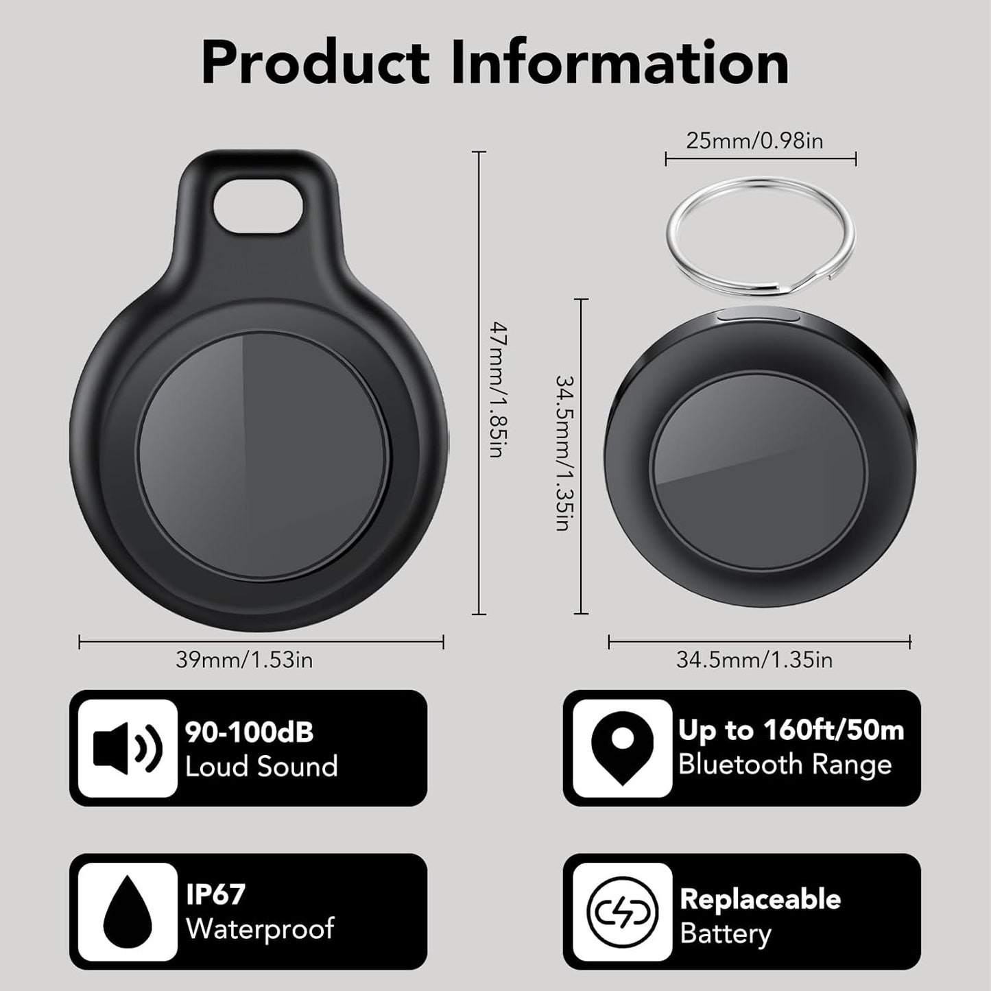 Air Tracker 4 Pack, Smart Bluetooth Tracker for Apple Find My (Ios Only), IP67 Waterproof Tracker with Keychain, Item Finder and GPS Finder for Keys, Luggage, Wallet, Etc, Replaceable Battery