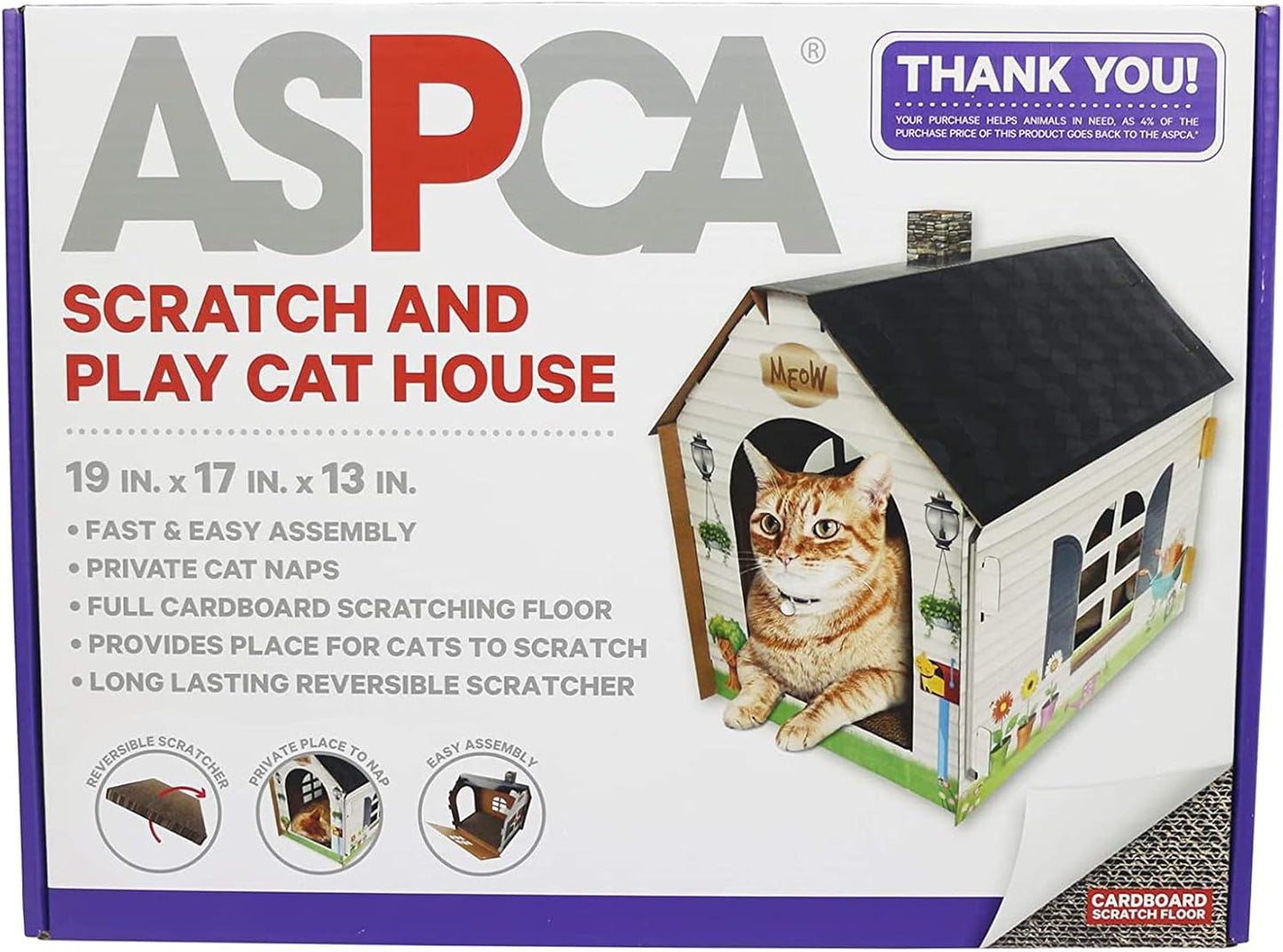 Cardboard Cat House Hideaway Playhouse with Cat Scratcher Scratching Pad 19" L X 13" W X 17" H