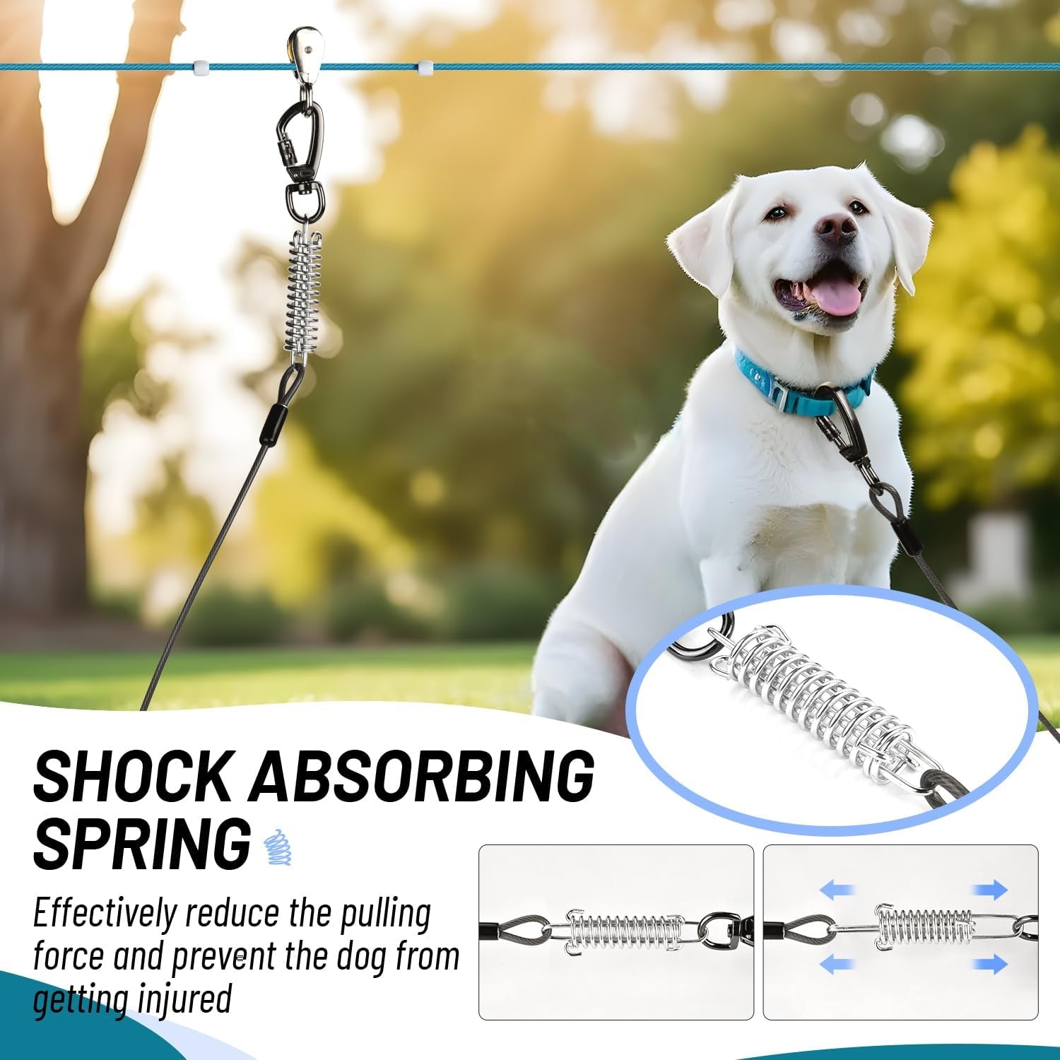 Dog Runner for Yard, Heavy Duty 100FT Dog Runs for outside with 10FT Tie Out Cable, Trolley System Zipline for Large Dogs up to 250Lbs, Chew Proof Run Cable for Camping