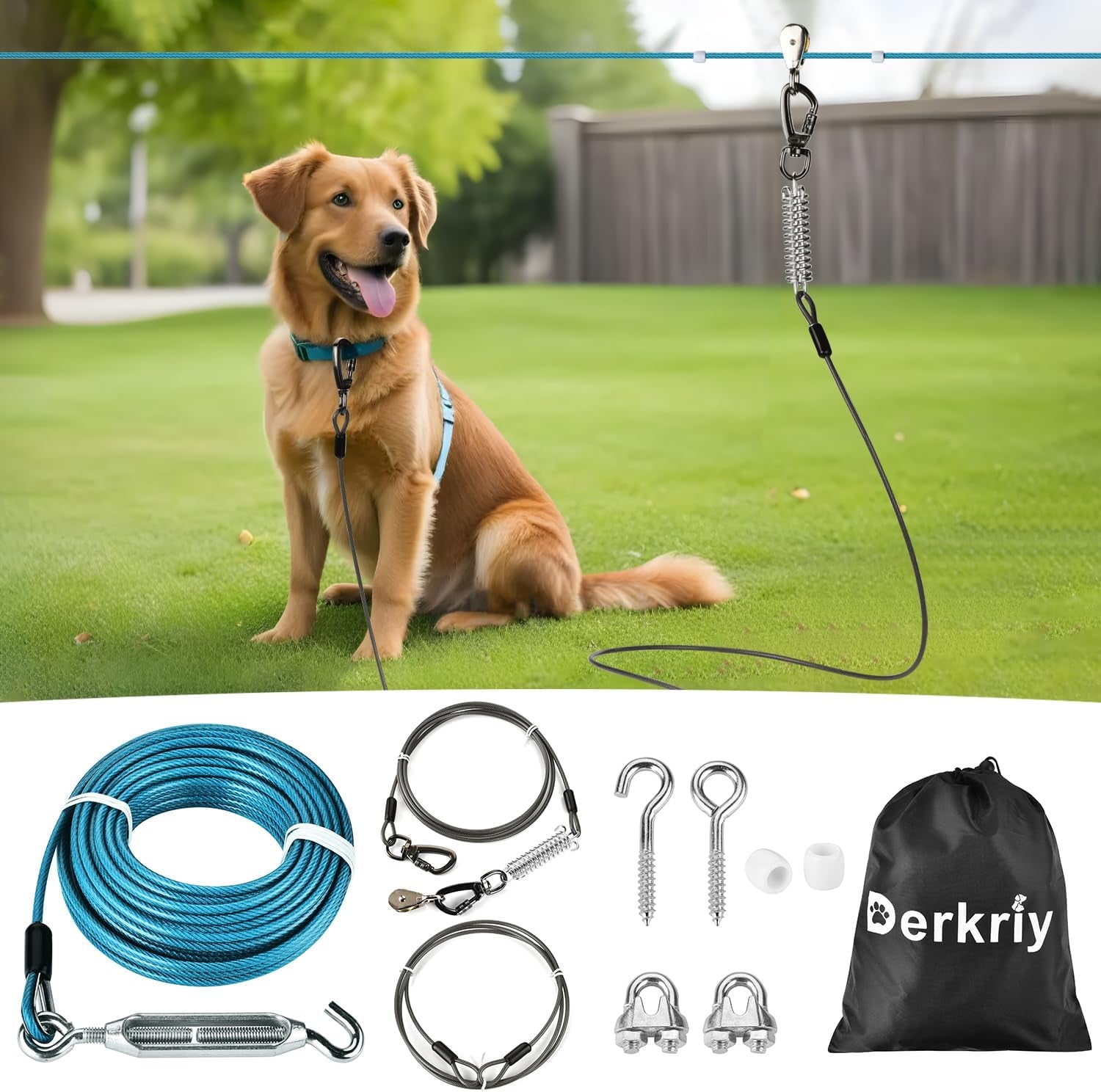 Dog Runner for Yard, Heavy Duty 100FT Dog Runs for outside with 10FT Tie Out Cable, Trolley System Zipline for Large Dogs up to 250Lbs, Chew Proof Run Cable for Camping