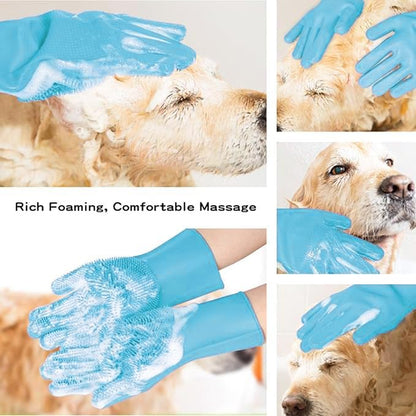 Pet Grooming Gloves, Heat Resistant Silicone Gloves，Silicone Hair Removal Mitt for Dogs and Cats,Cat Bathing Gloves ，Cat and Dog Massage Products， Blue。