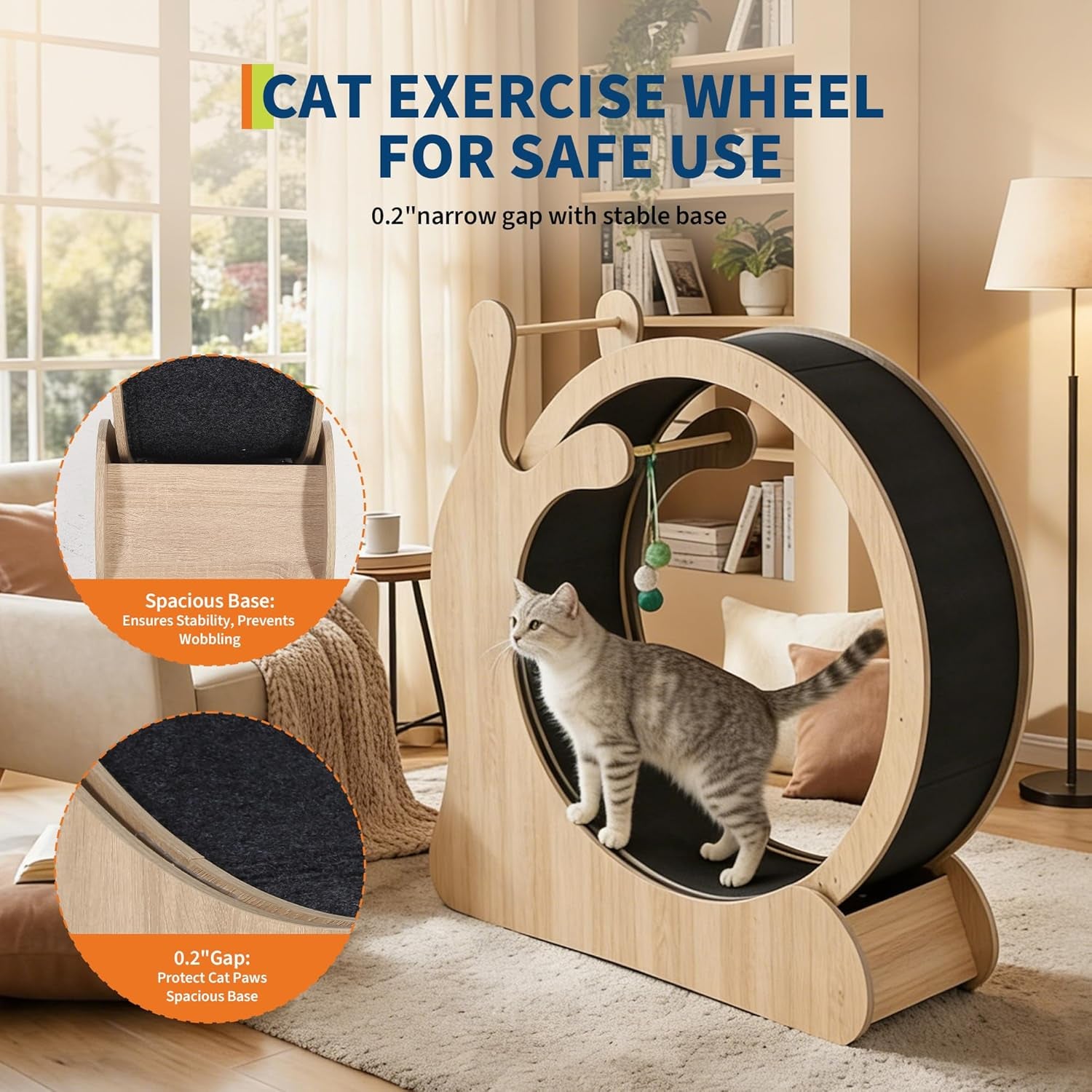 Cat Wheel Exerciser for Indoor Cats, 41'' Large 3-In-1 Cat Treadmill with Scratching Board and Play Balls, Quiet Cats Running Wheel for Kitty Fitness Wood Color