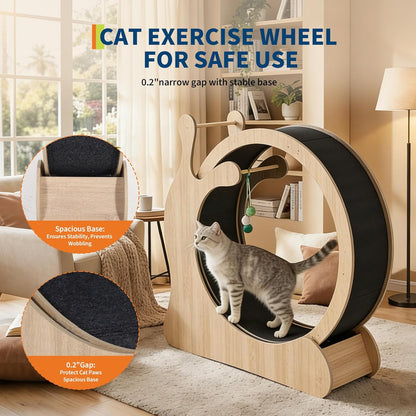Cat Wheel Exerciser for Indoor Cats, 41'' Large 3-In-1 Cat Treadmill with Scratching Board and Play Balls, Quiet Cats Running Wheel for Kitty Fitness Wood Color