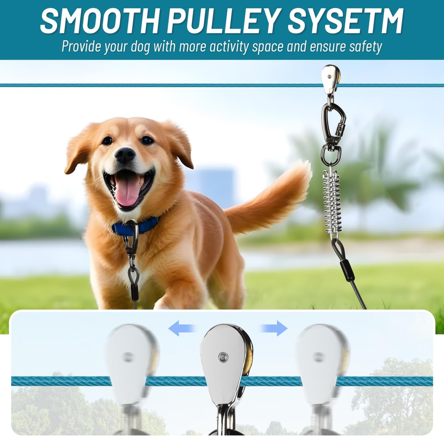 Dog Runner for Yard, Heavy Duty 100FT Dog Runs for outside with 10FT Tie Out Cable, Trolley System Zipline for Large Dogs up to 250Lbs, Chew Proof Run Cable for Camping