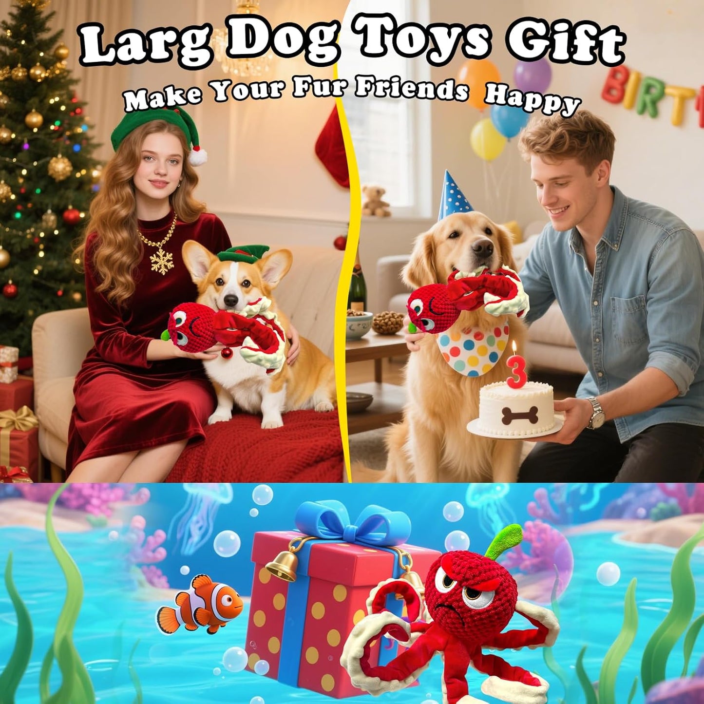 Squeaky Dog Toys Octopus -Plush Stuffed Dog Chew Toys with Soft Fabric for Small Medium and Large Dogs,Interactive Tug of War Puppy Toys to Keep Them Busy