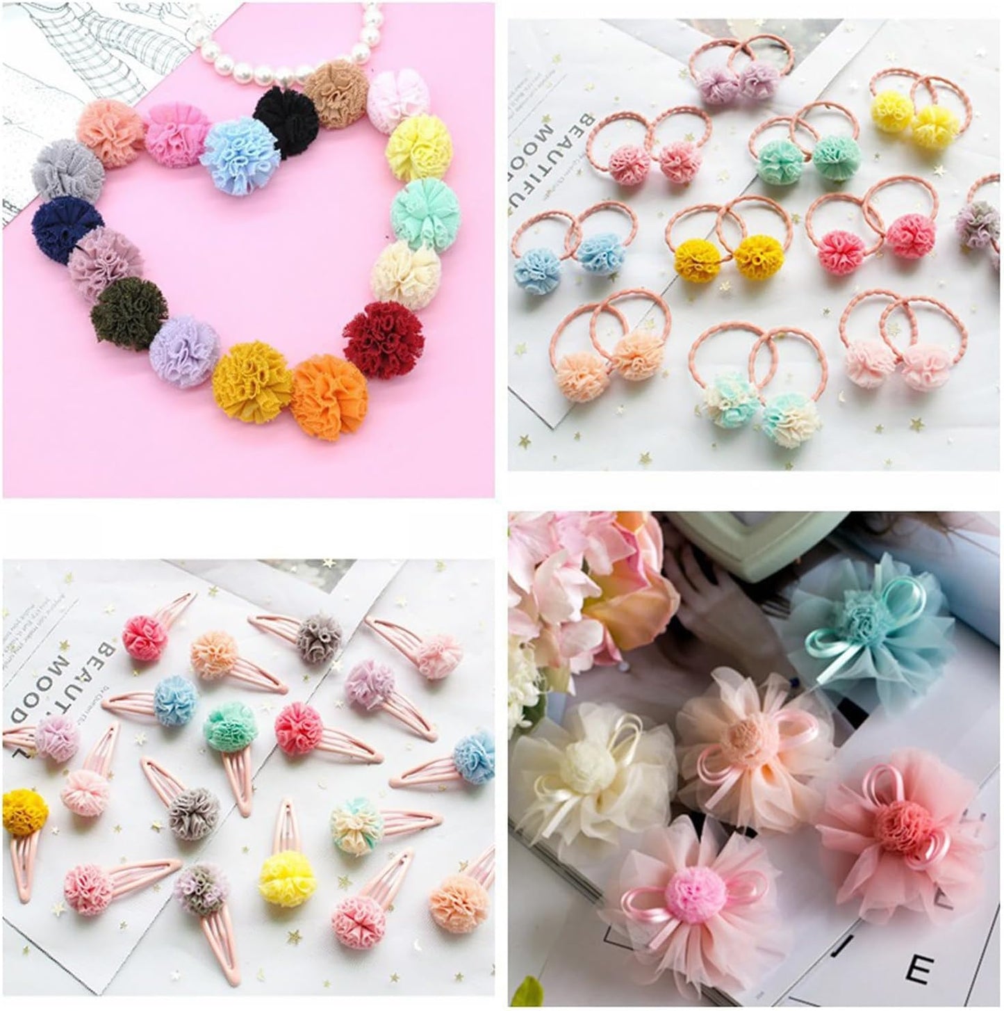 100 Pack 1/2 Inch Assorted Pompoms Mesh Lace Bouquet Small Pom Poms Craft Pompoms Balls for Arts and Crafts DIY Projects Pom Pom Hair Ties Pompom Hair Clips Hairpins Elastics