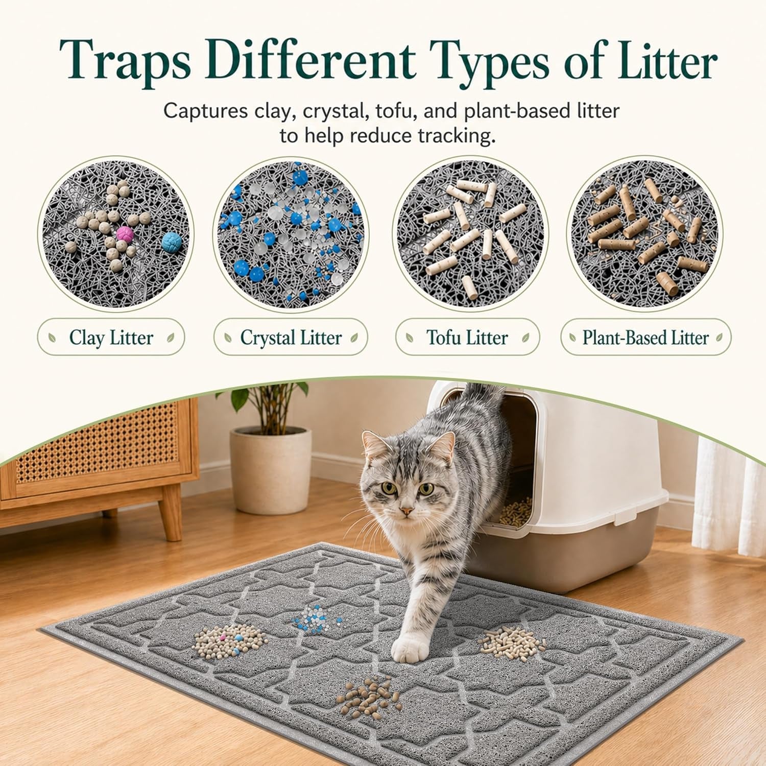 Cat Litter Mat, Easy Clean Trapping PVC Mat with Waterproof Backing and Non Slip Bottom, Scatter Control Pad for Litter Box, 35.4"X23.6", Dark Grey