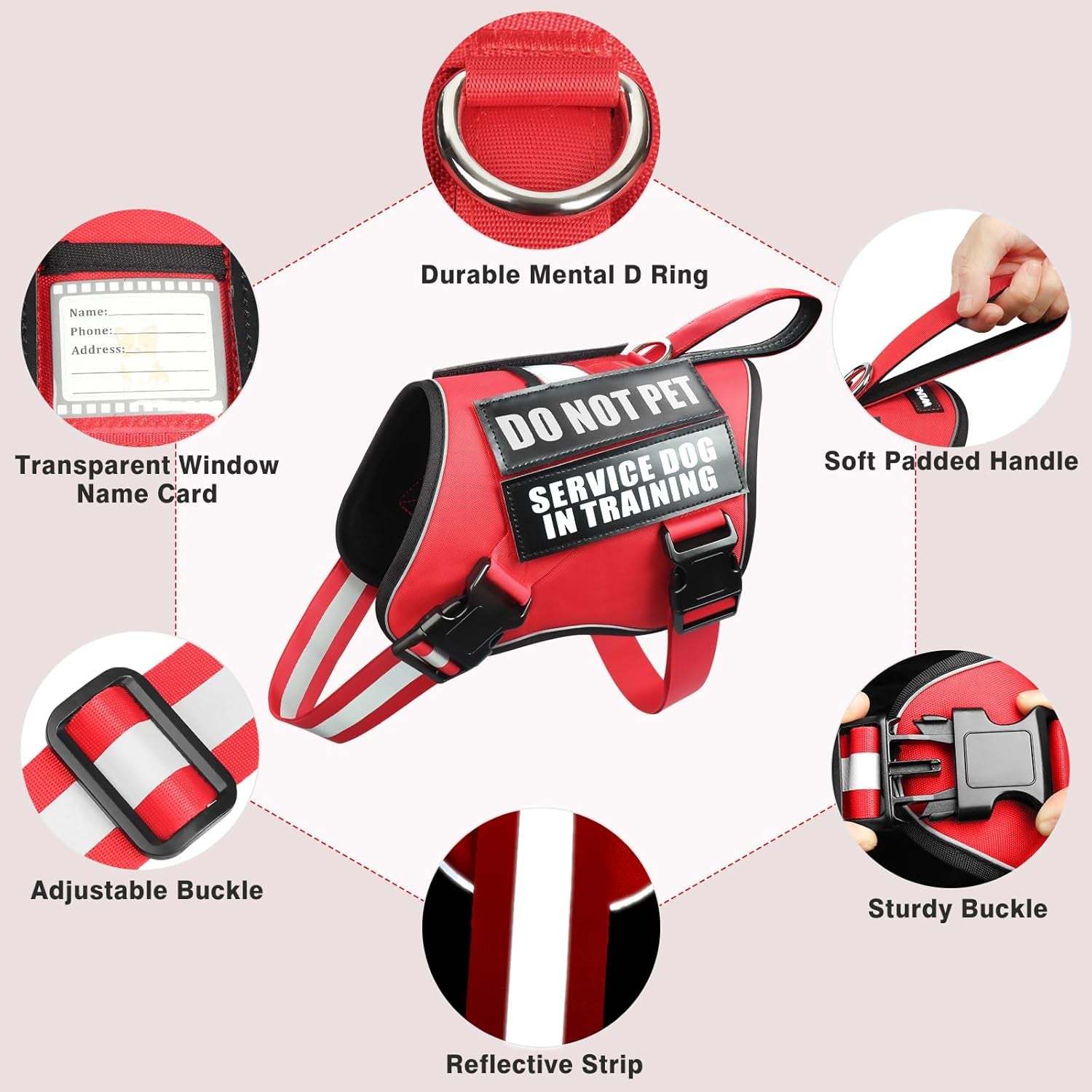 Service Dog Harness and Leash Set, Training Dog Vest with 10 Dog Patches, Emotional Support Therapy Dog Vest Harness for Small Medium Large and Extra Large Dogs(Red, L)