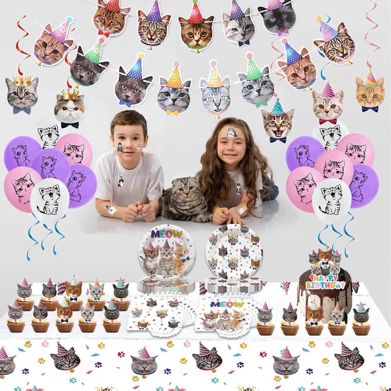 137PCS Cat Birthday Party Supplies Serves 20 Guests Kitten Birthday Party Decorations Plates Banner Napkins Balloons Tablecloth Cake Toppers for Cats Themed Birthday Parties Supplies