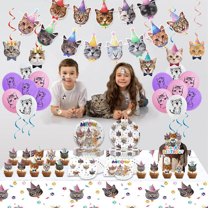 137PCS Cat Birthday Party Supplies Serves 20 Guests Kitten Birthday Party Decorations Plates Banner Napkins Balloons Tablecloth Cake Toppers for Cats Themed Birthday Parties Supplies