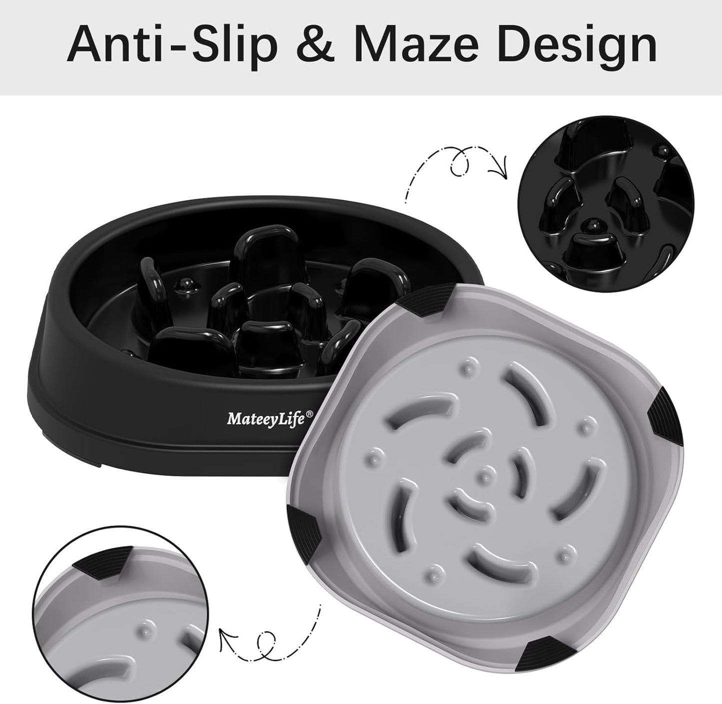 Small Slow Feeder Cat Bowls 2PCS, Anti-Choking Puzzle Cat Food Bowls, Anti-Slip Interactive Dog Feeding Slow down Eating, Bloat Stop Maze Dishes Dog Feeder for Small Breeds 1 Cup Gray&Black